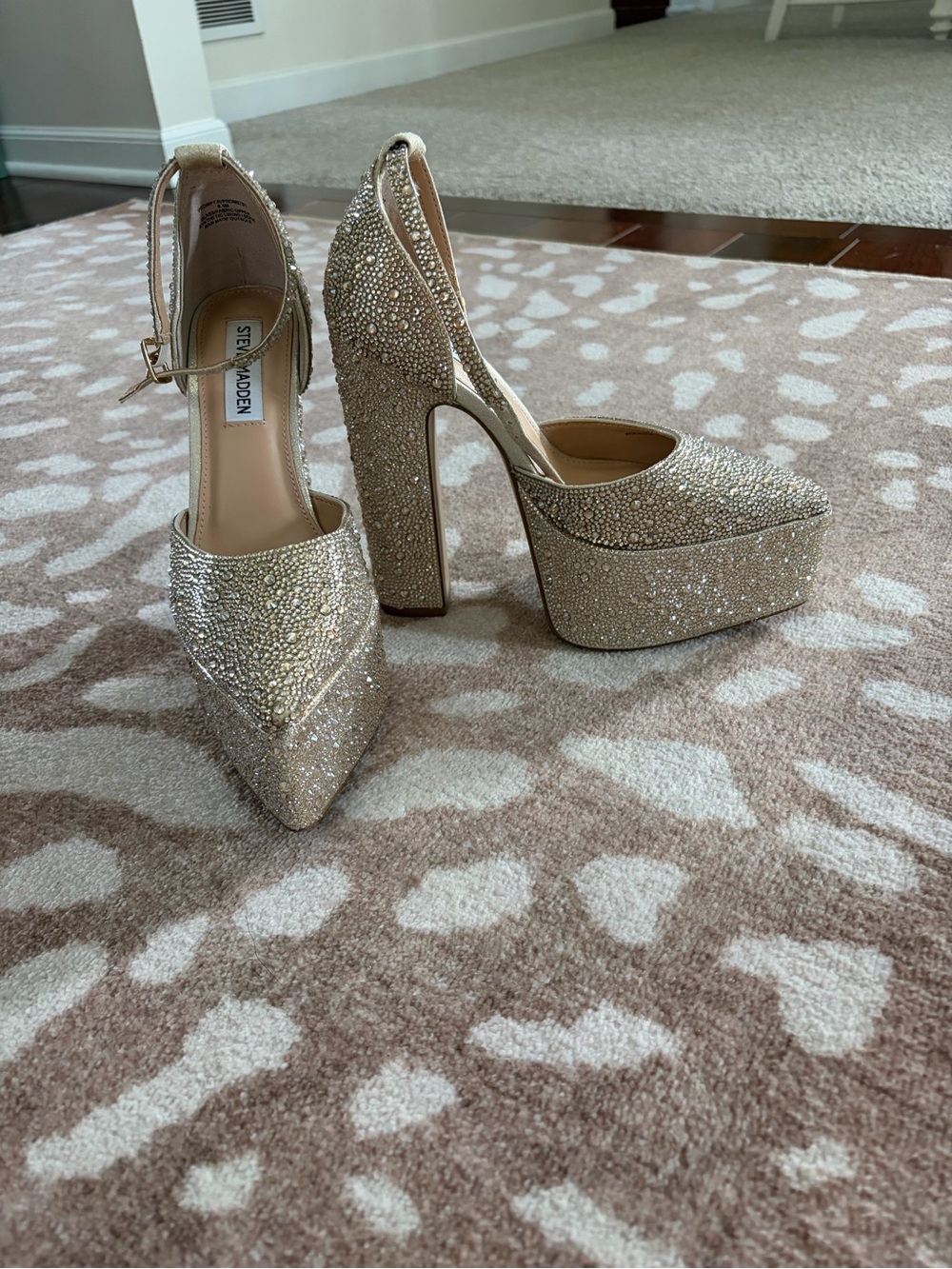 Steve Madden Prompt Gold Crystal Platform Pumps with Ankle Strap